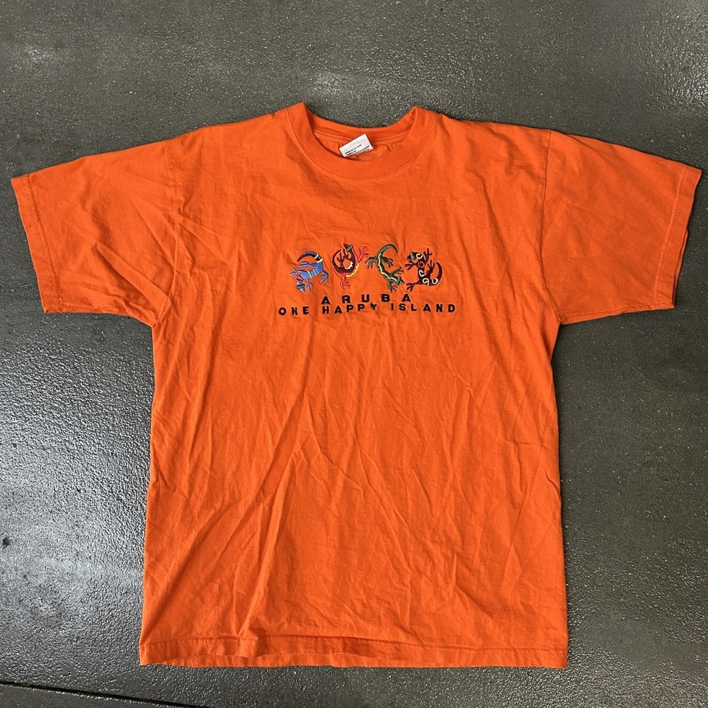 Aruba Fashion Shirt Mens 46 Orange Aruba One Happy Island Lizard Tee T-Shirt